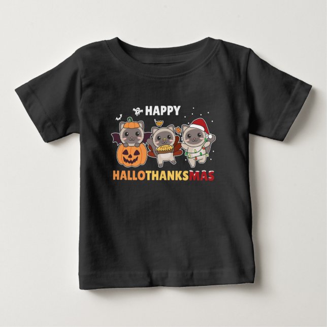 Camiseta Para Bebê Feliz Hallothanksmas Gato Elefante de Natal (Frente)