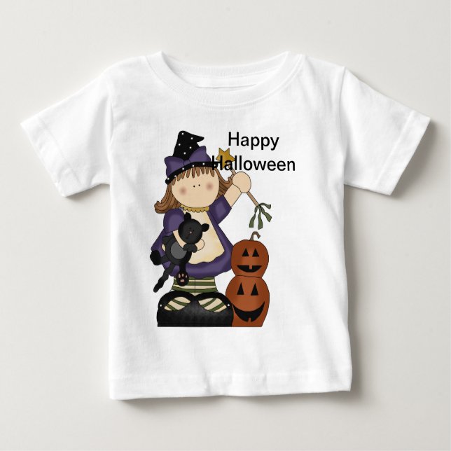 Camiseta Para Bebê Feliz Halloween, Bruxinha Longa (Frente)