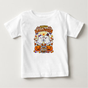 Camiseta Para Bebê Feliz Halloween Casal de Fantasmas Fofos com Pote