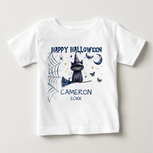 Camiseta Para Bebê Feliz Halloween Gato Aquarela - Camiseta Bebê (Frente)