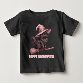 Camiseta Para Bebê Feliz Halloween Pinkoween Gato Bruxa Preto Vintage
