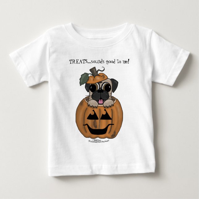 Camiseta Para Bebê Feliz Halloween-Pug em Jack O' Lanterna (Frente)