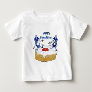Camiseta Para Bebê Feliz Hanukkah Dançando Dreidels Jelly Doughnut