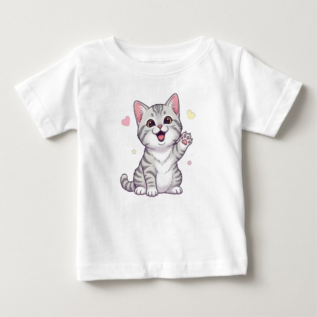 Camiseta Para Bebê Feliz Ilustração de Gato de Ar Curto Americano (Frente)