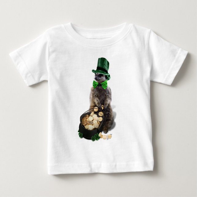Camiseta Para Bebê Feliz Meerkat com Pote de Ruas Douradas. (Frente)