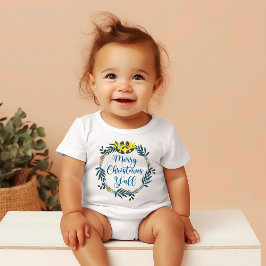 Camiseta Para Bebê Feliz Natal a Todos Coroa de Natal Verde e Amarela