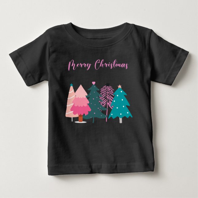 Camiseta Para Bebê feliz natal árvores de natal rosa almofada (Frente)