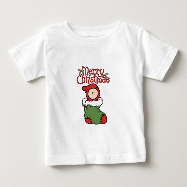 Camiseta Para Bebê Feliz Natal - bebê no t-shirt da meia (Frente)