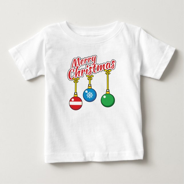 Camiseta Para Bebê Feliz Natal com as bolas de caça (Frente)