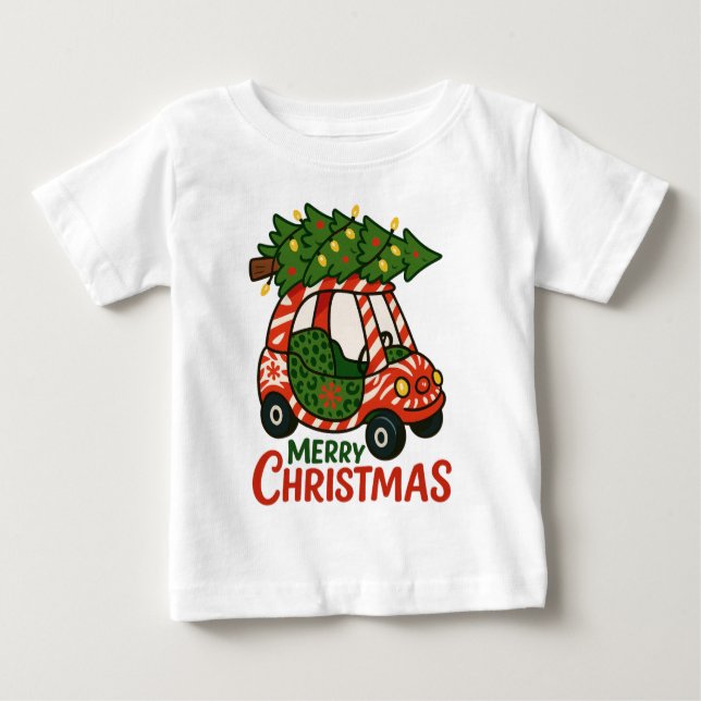 Camiseta Para Bebê Feliz Natal Crianças Lindas Carro Árvore de Natal (Frente)