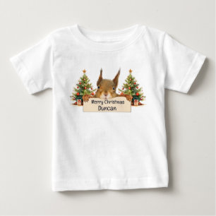Camiseta Para Bebê Feliz Natal Esquilo Árvores de Natal Personalizada
