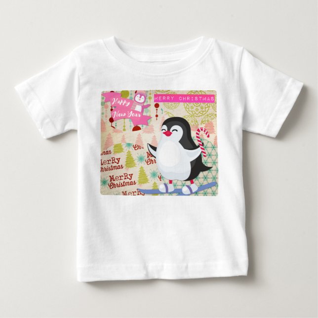Camiseta Para Bebê Feliz Natal Feliz Ano Novo Pinguim Fofo (Frente)