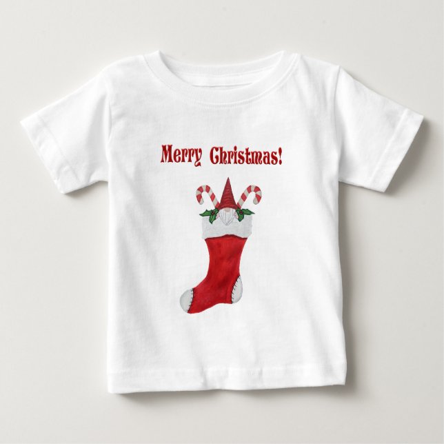 Camiseta Para Bebê Feliz Natal Gnomo Adorável em Red Stocks (Frente)