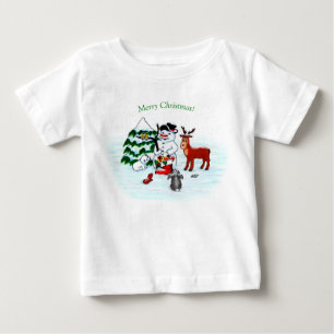 Camiseta Para Bebê Feliz Natal! Homem de Neve com Amigos