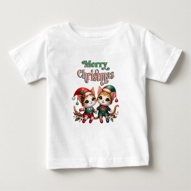 Camiseta Para Bebê Feliz Natal Kitten Elves (Frente)