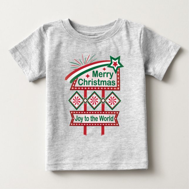 Camiseta Para Bebê Feliz Natal - Marquee Retro - Alegria ao Mundo (Frente)