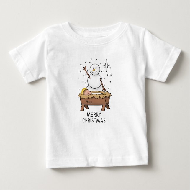 Camiseta Para Bebê Feliz Natal Natividade Bebê Jesus Snowman (Frente)