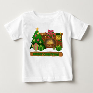 Camiseta Para Bebê Feliz Natal perto da lareira fogueira árvore de na