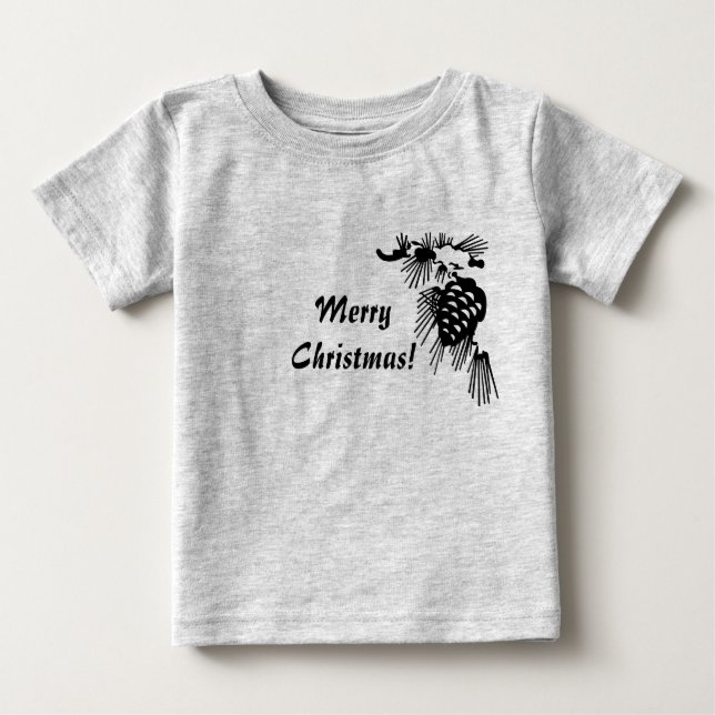 Camiseta Para Bebê Feliz Natal Pine Cone Black and White Shirt (Frente)