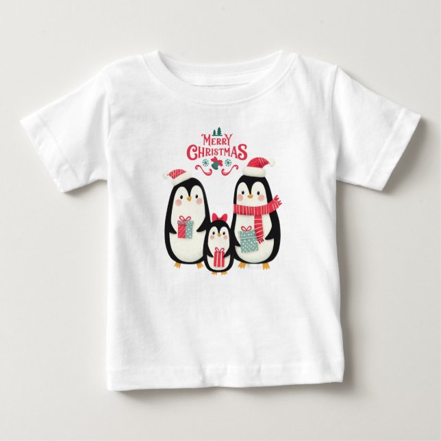Camiseta Para Bebê Feliz Natal Pinguins (Frente)