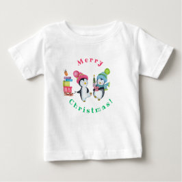 Camiseta Para Bebê Feliz Natal Pinguins Brincando Presentes