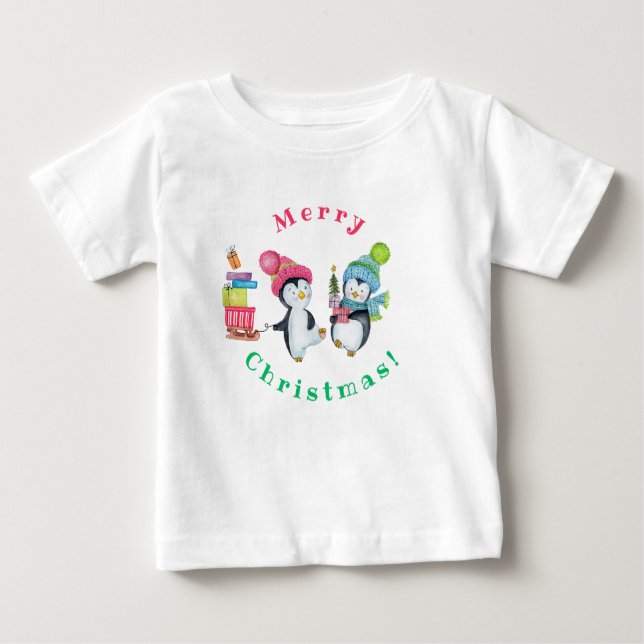 Camiseta Para Bebê Feliz Natal Pinguins Brincando Presentes (Frente)