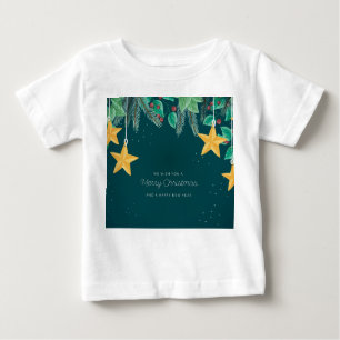 Camiseta Para Bebê Feliz Natal Verde e uma faixa de Feliz ano novo