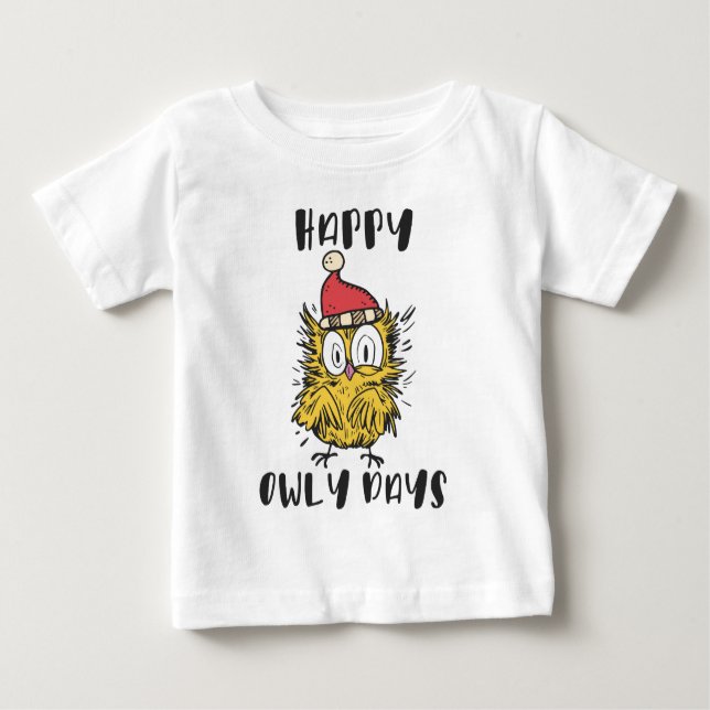 Camiseta Para Bebê Feliz Owly Days Engraçado Papai noel Coruja (Frente)