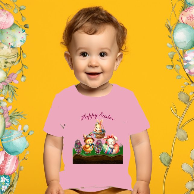 Camiseta Para Bebê Feliz Páscoa Bebês Animais Frango Coelho Ovos Cest (Happy Easter Baby Animals Chick Rabbit Eggs Basket Baby T-Shirt)