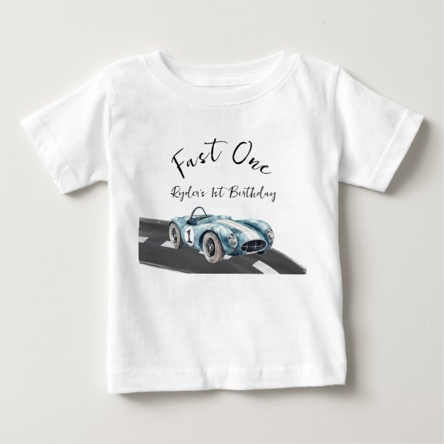 Camiseta Para Bebê Feliz Primeiro Aniversário Carro de Corrida Veloz (Frente)