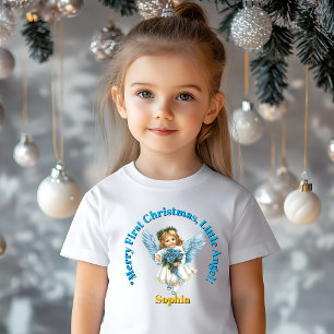 Camiseta Para Bebê Feliz Primeiro Natal Pequeno Nome do Anjo Presente
