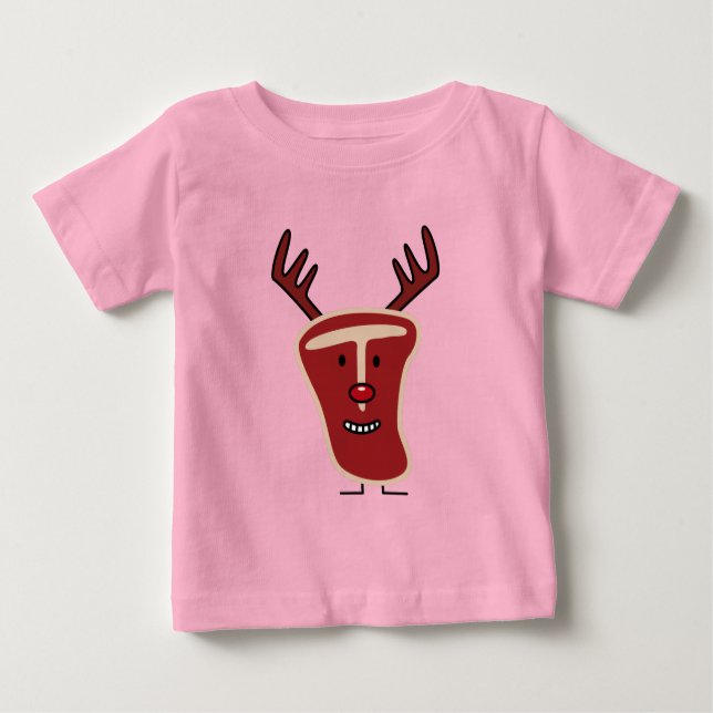 Camiseta Para Bebê Feliz T-Bone Steak Reindeer vermelho Natal (Frente)