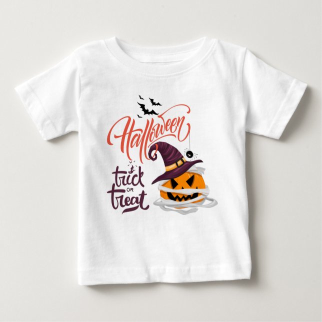 Camiseta Para Bebê Feliz Truque de Halloween ou Trate Abóbora (Frente)