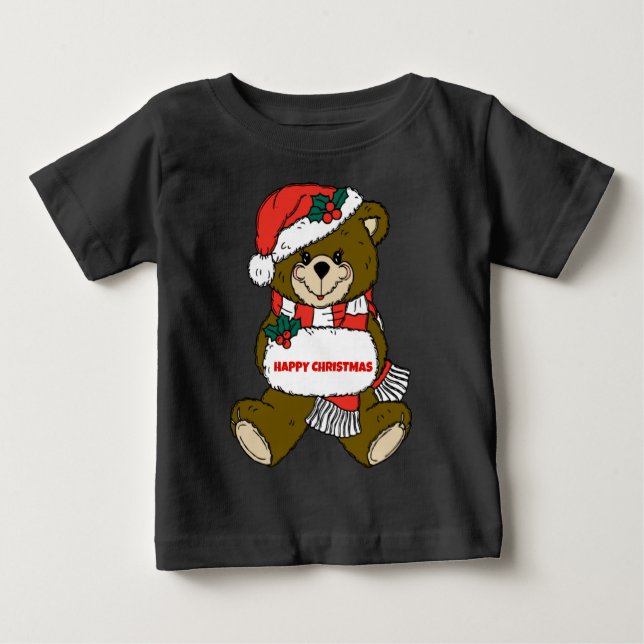 Camiseta Para Bebê Feliz Urso de Natal (Frente)