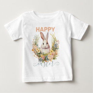 Camiseta Para Bebê Felz pascoa bonito com bunny & Floral Wreath