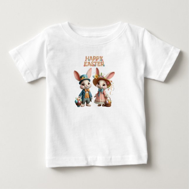Camiseta Para Bebê Felz pascoa branco, com 2 coelhos (Frente)
