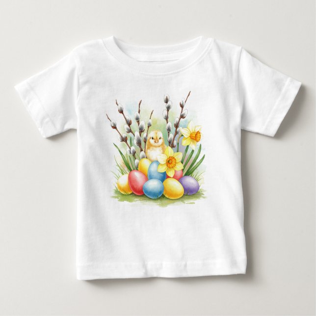 Camiseta Para Bebê Felz pascoa Ovos Flores-T (Frente)