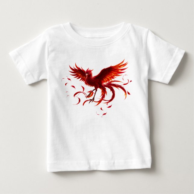 Camiseta Para Bebê Fênix Carmesim da Maré enluarada. (Frente)