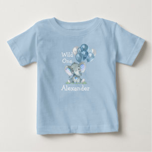 Camiseta Para Bebê Fera Um 1º Aniversário Balões de Elefante Azul