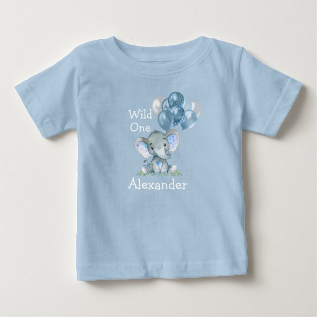 Camiseta Para Bebê Fera Um Aniversário de 1 Ano Elefante Bebe Balões  (Frente)