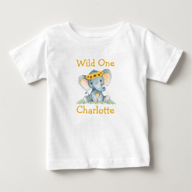 Camiseta Para Bebê Fera Um Aniversário de 1 ano Elefante Girassóis (Frente)
