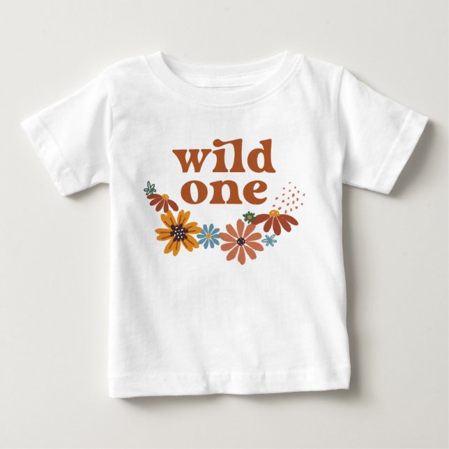 Camiseta Para Bebê Fera Um Retro Boho Wildflower 1º Aniversário (Frente)