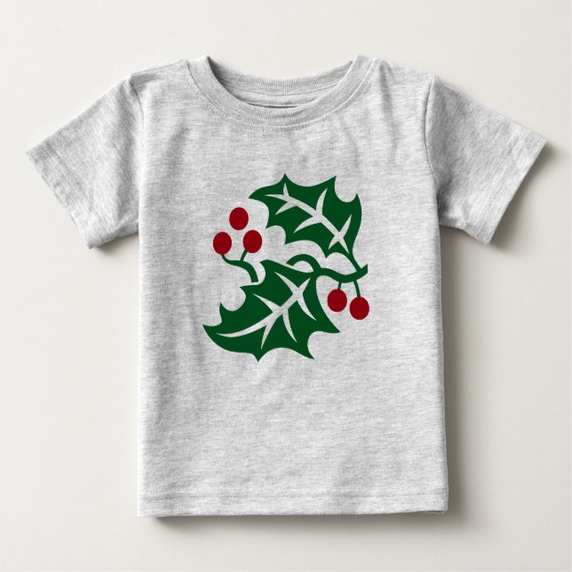 Camiseta Para Bebê Feriado de Natal Green Holly e Red Berries (Frente)