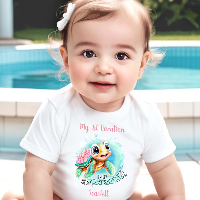 Camiseta Para Bebê Férias de verão de tartaruga-branca Menina Persona (Cute Turtle Summer Vacation Personalized Girl Baby T-Shirt)