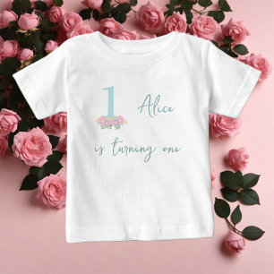 Camiseta Para Bebê Festa de 1º aniversário azul floral, rosa pastel