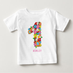 Camiseta Para Bebê Festa de 1º Aniversário da Menina do Jardim de Flo