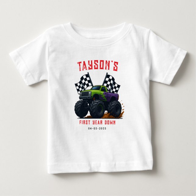 Camiseta Para Bebê Festa de 1º Aniversário de Monster Trucks (Frente)