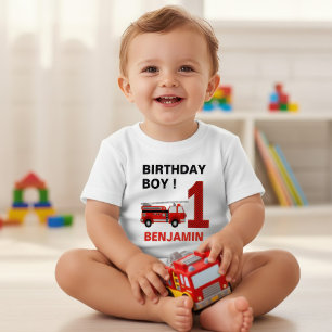 Camiseta Para Bebê Festa de 1º Aniversário do Caminhão de Bombeiros