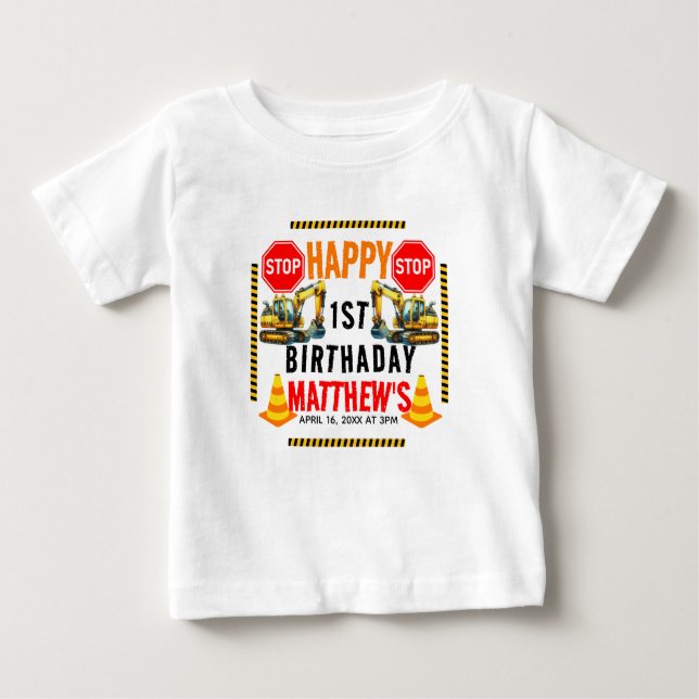 Camiseta Para Bebê Festa de 1º Aniversário do Caminhão de Construção (Frente)