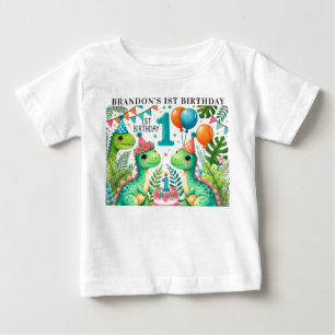 Camiseta Para Bebê Festa de 1º Aniversário do Dinossauro Dino